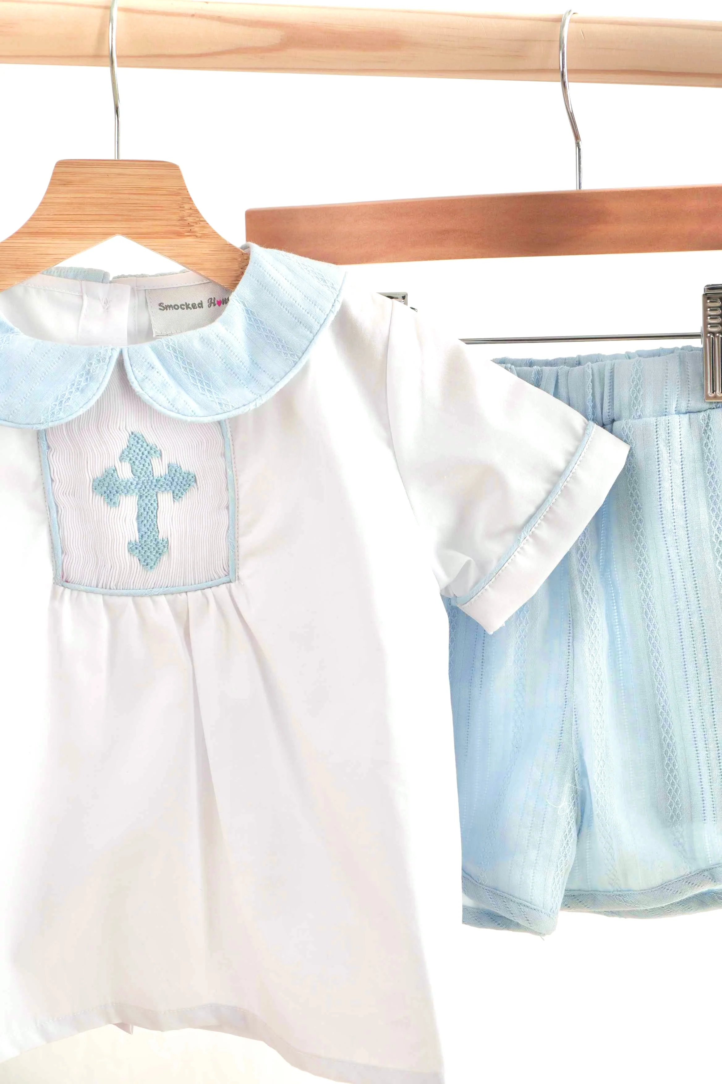 Blue easter cross hand-smocked boy set - Image 2