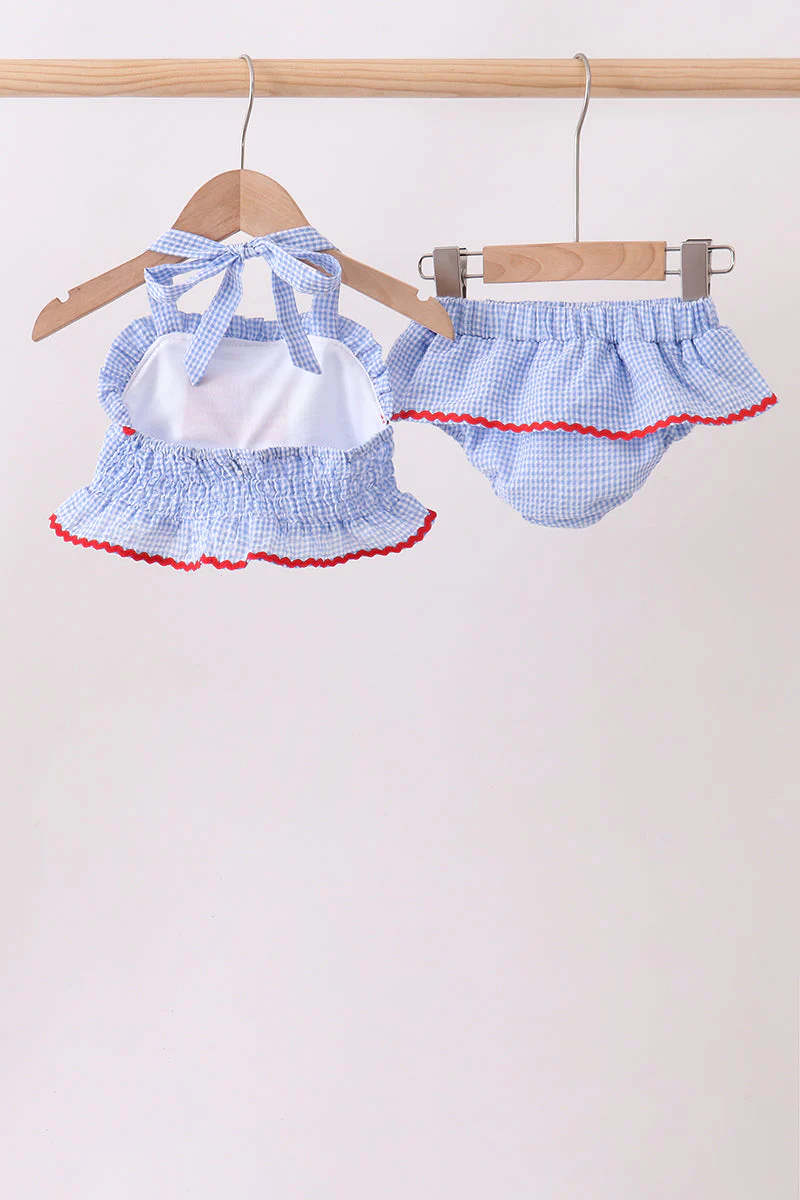 Blue flag applique gingham ruffle 2pc swimsuit - Image 2