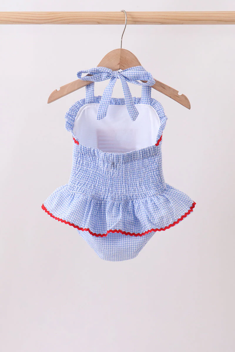 Blue flag applique gingham ruffle one-piece swimsuit - Image 2