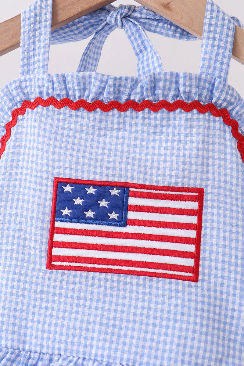 Blue flag applique gingham ruffle one-piece swimsuit - Image 3