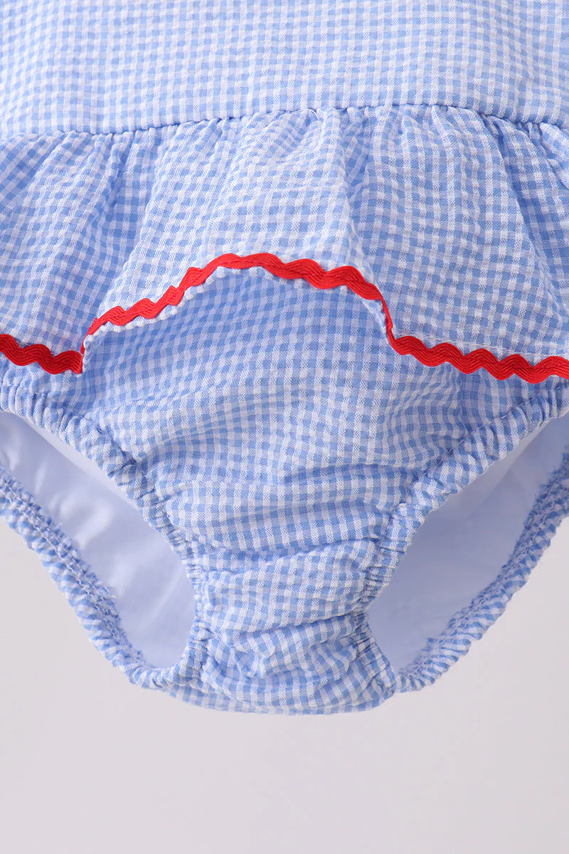 Blue flag applique gingham ruffle one-piece swimsuit - Image 4