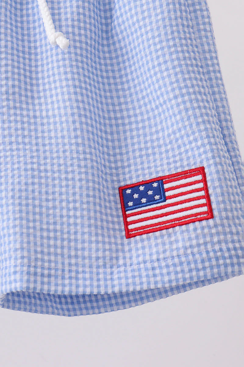 Blue flag embroidery gingham shorts - Image 3