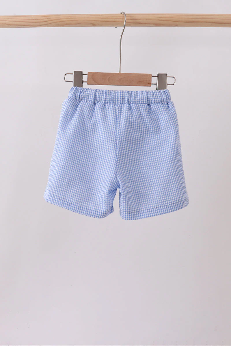 Blue flag embroidery gingham shorts - Image 4