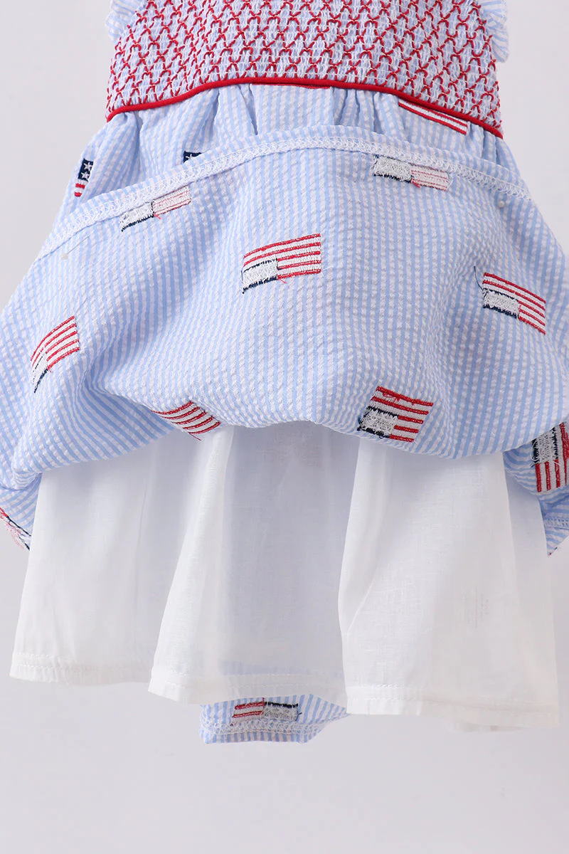 Blue flag embroidery seersucker ruffle dress - Image 5