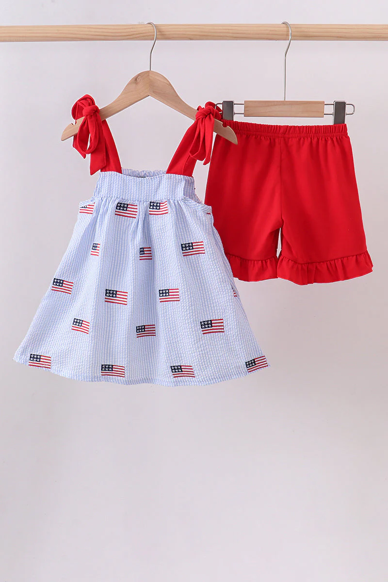 Blue flag embroidery seersucker ruffle shorts set - Image 3