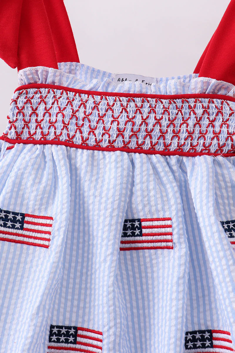 Blue flag embroidery seersucker ruffle shorts set - Image 4