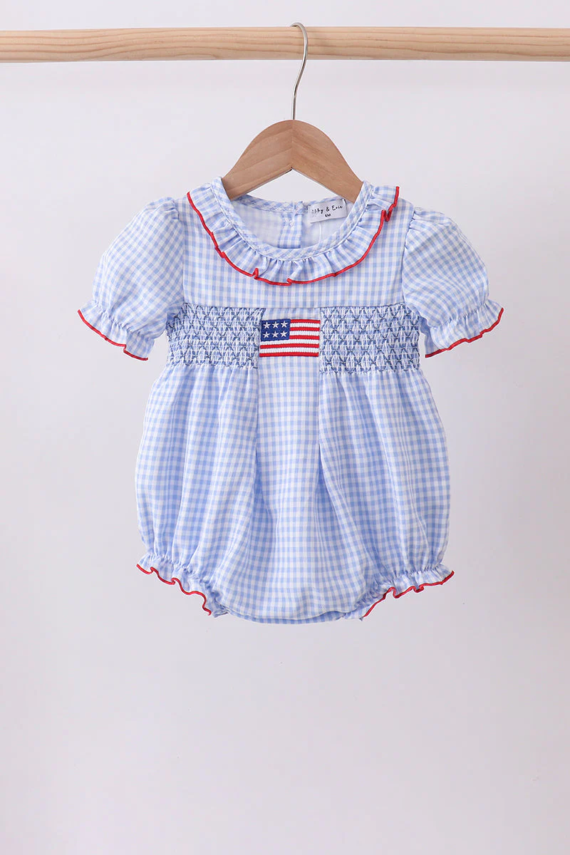 Blue flag smocked ruffle bubble