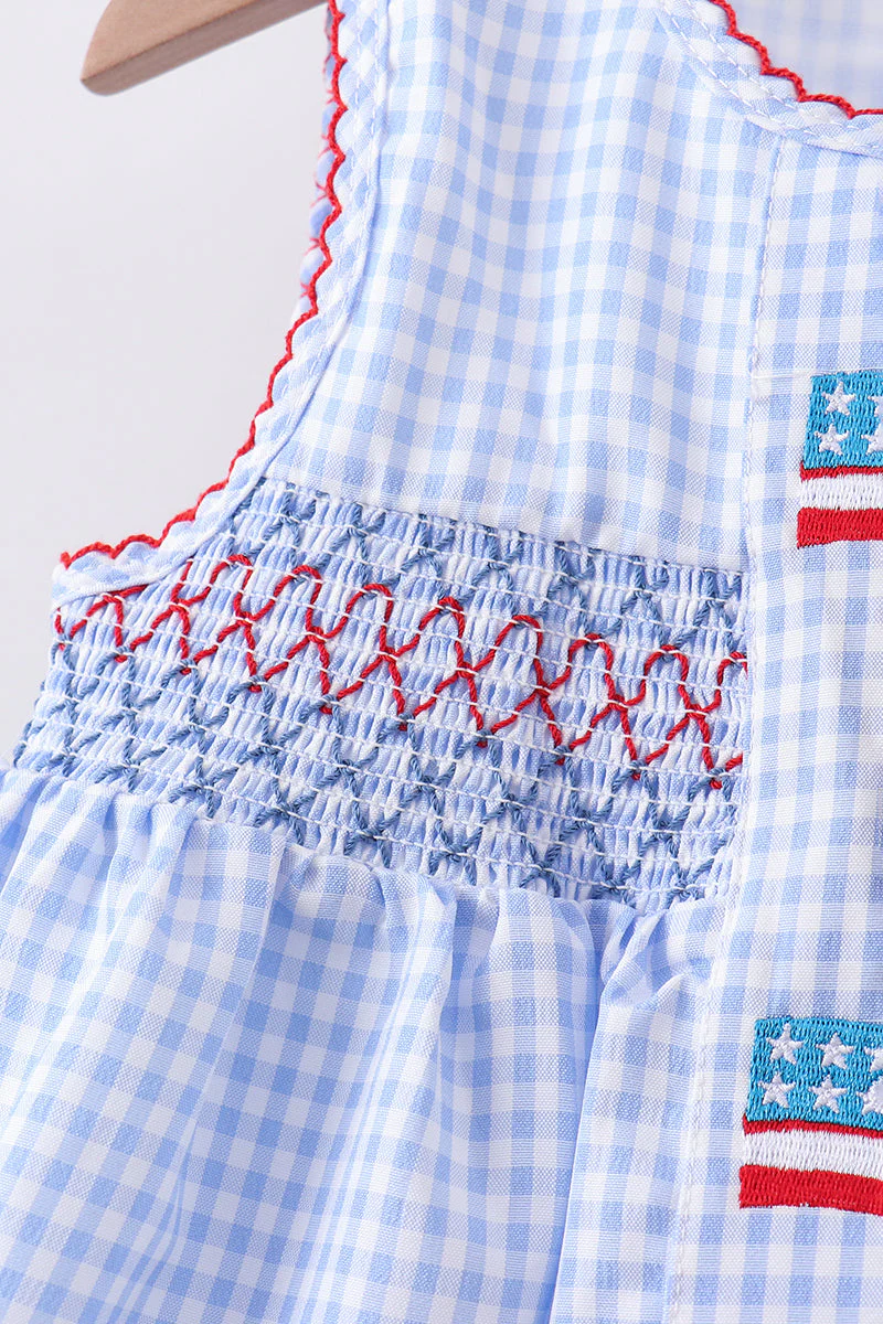 Blue flag smocked woven gingham bloomer set - Image 3