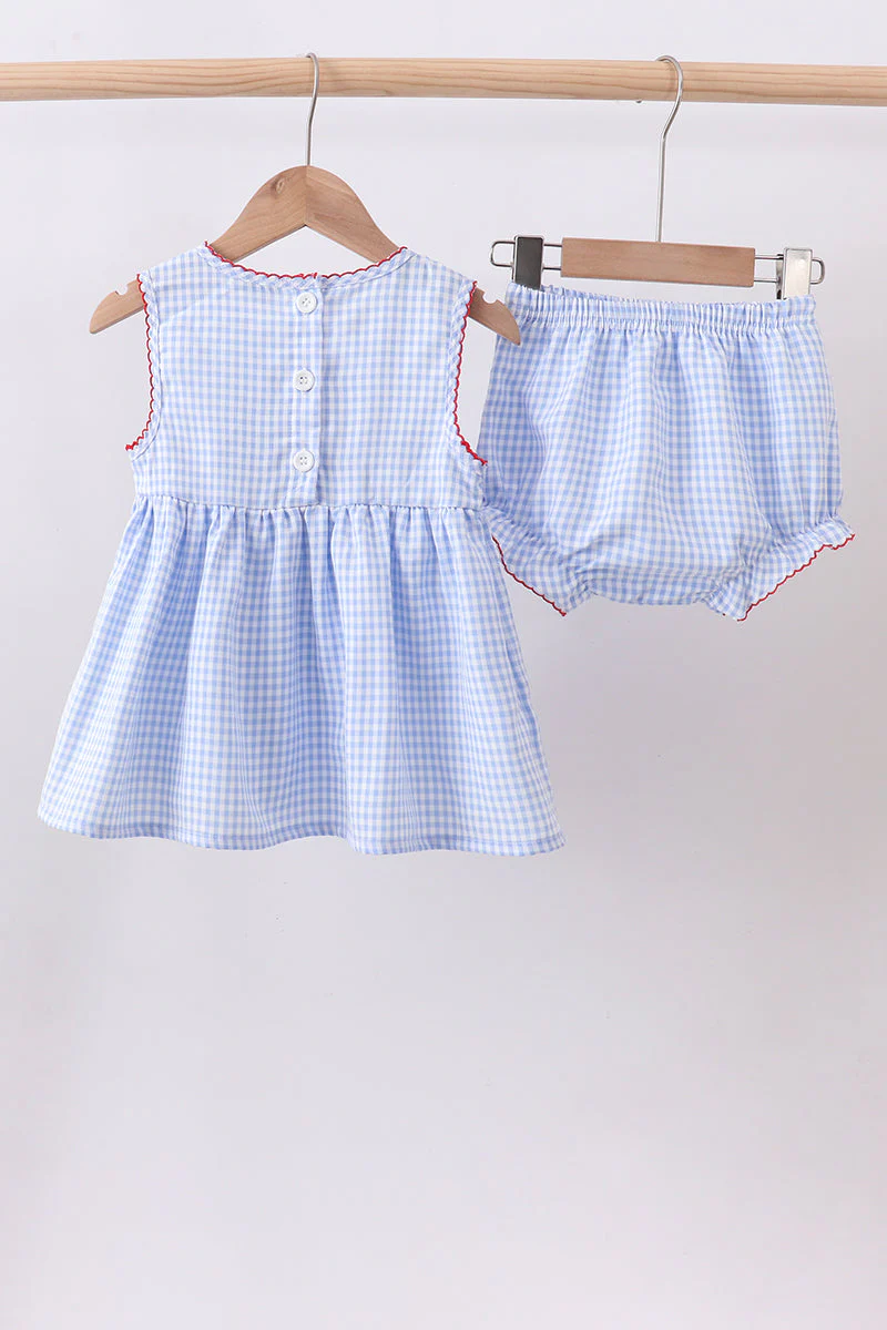 Blue flag smocked woven gingham bloomer set - Image 4