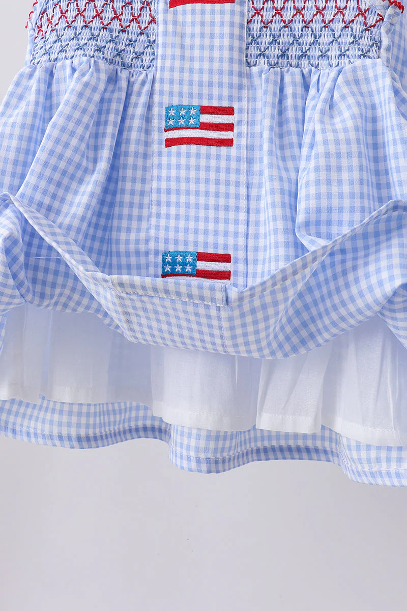 Blue flag smocked woven gingham bloomer set - Image 5