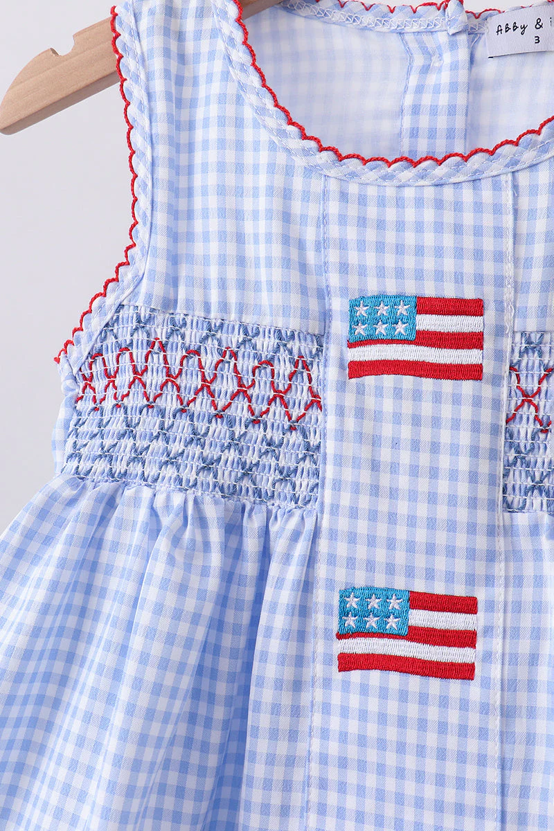 Blue flag smocked woven gingham ruffle shorts set - Image 2