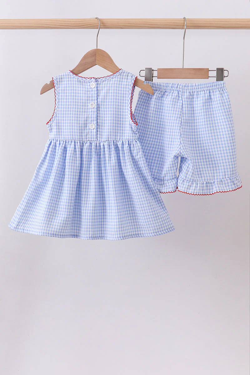 Blue flag smocked woven gingham ruffle shorts set - Image 5