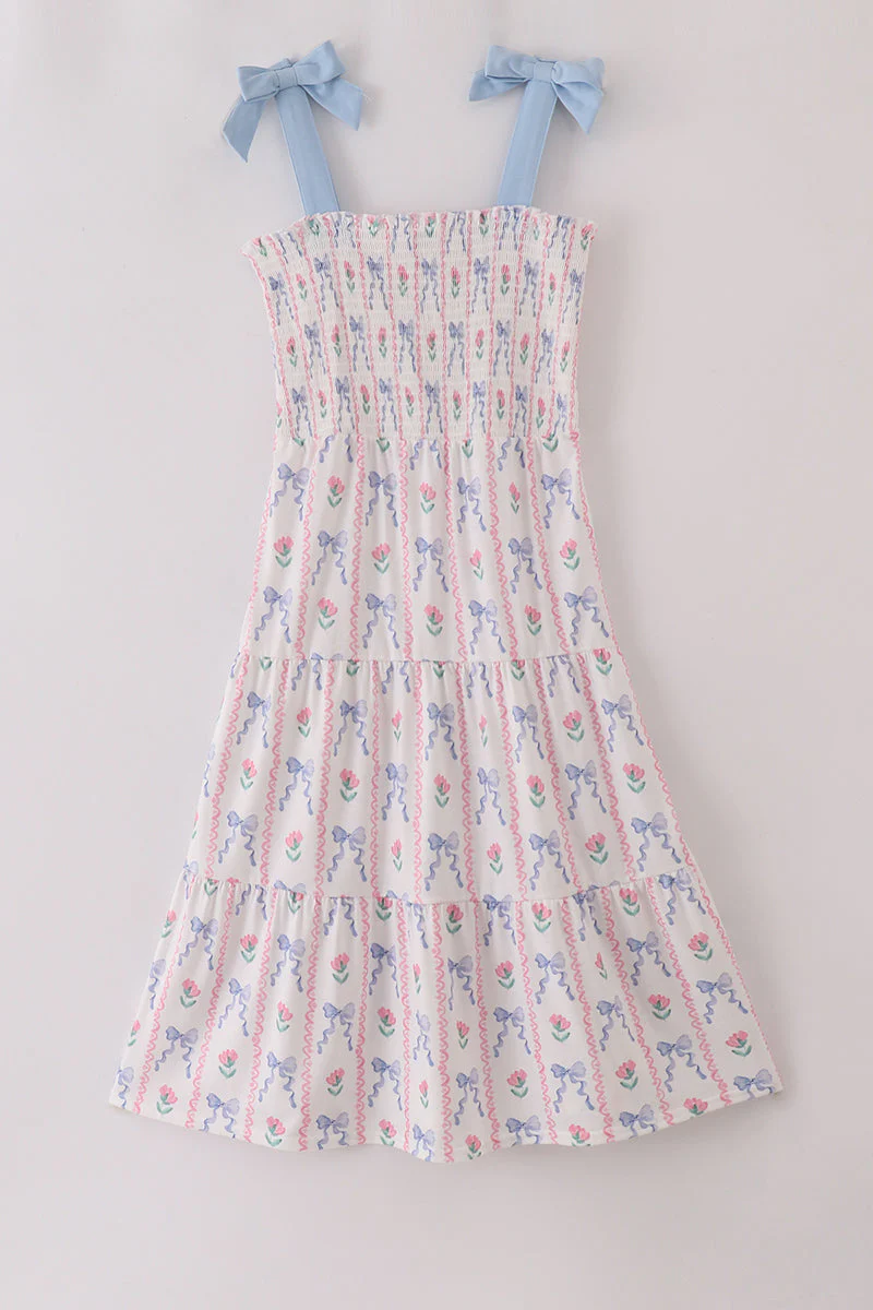 Blue floral bow print smocked mom dress