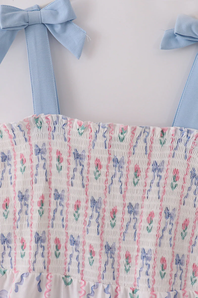 Blue floral bow print smocked mom dress - Image 2