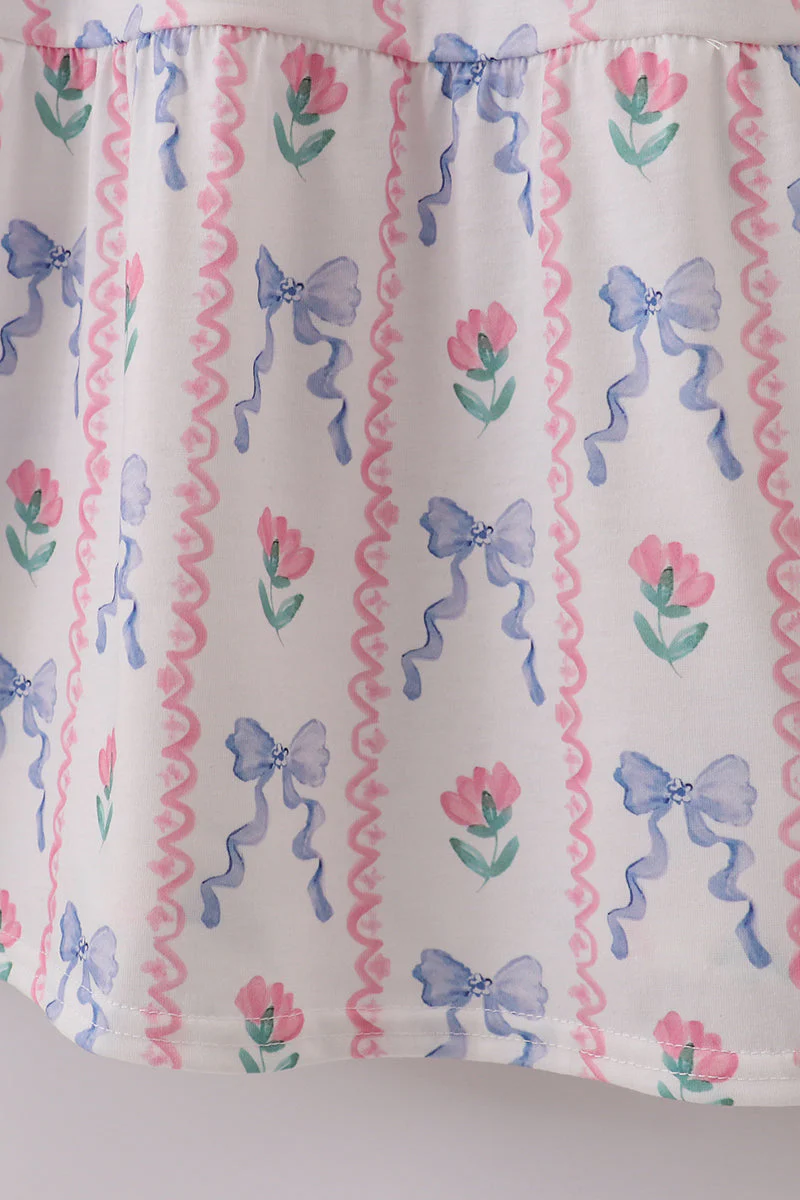Blue floral bow print smocked mom dress - Image 3