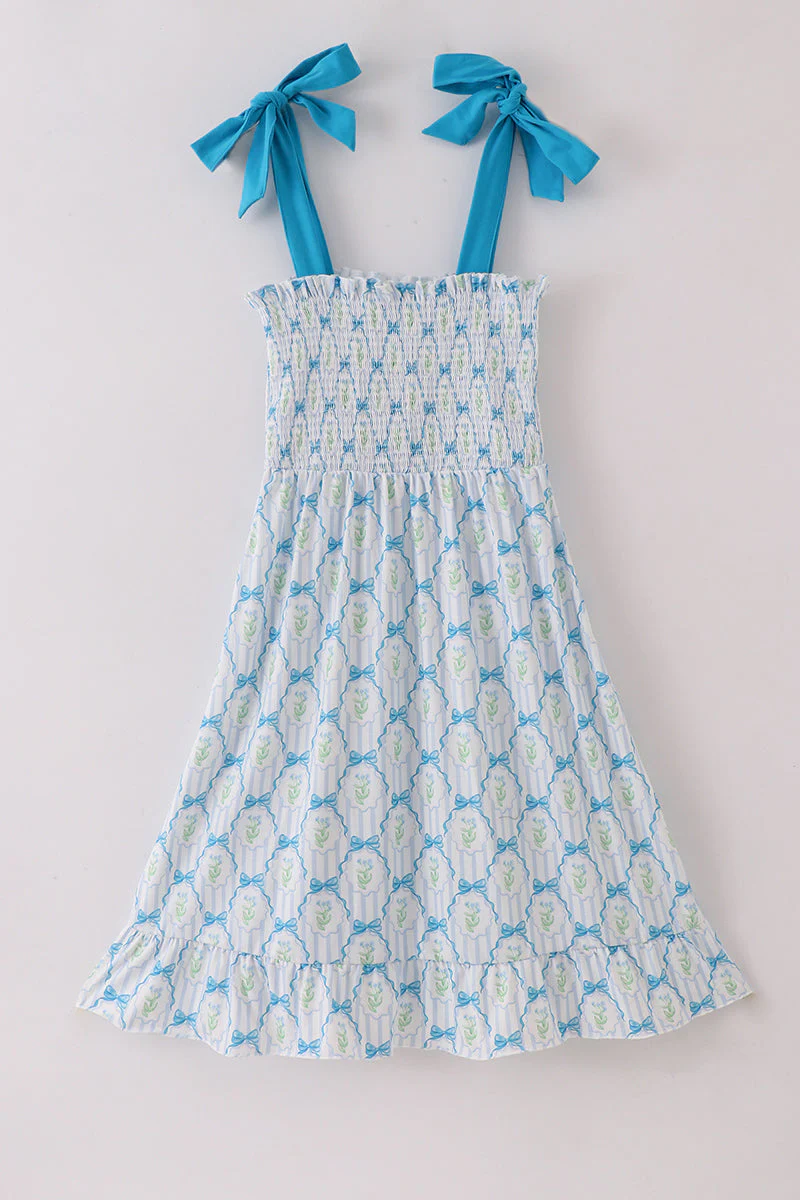 Blue floral bow tie strap mom dress