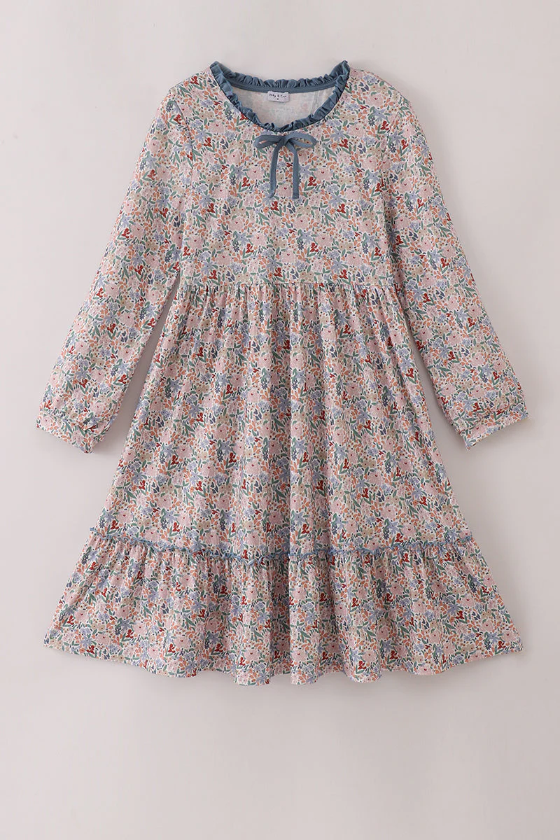 Blue floral print ruffle mom dress