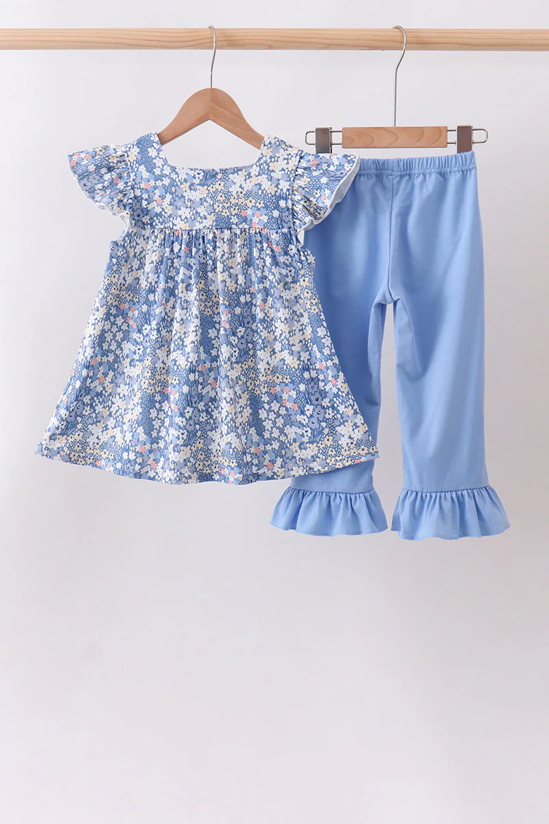 Blue Floral Print Ruffle Pants Set - Image 6