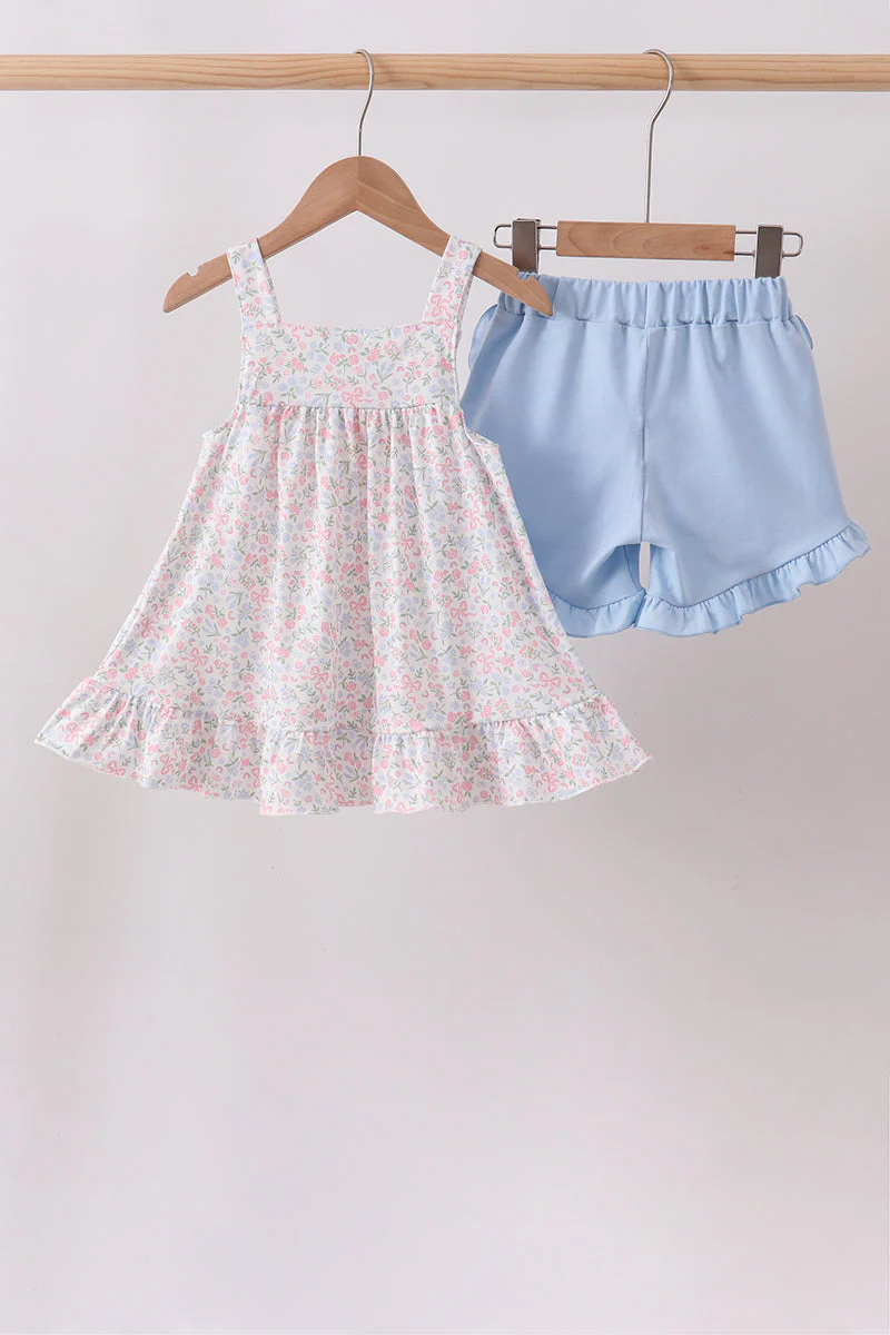 Blue Floral Print Ruffle Shorts Set - Image 5