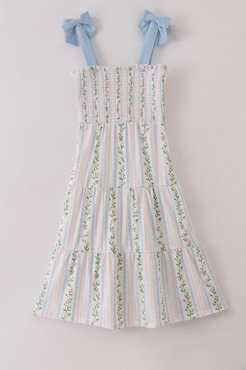Blue floral print smocked women dress
