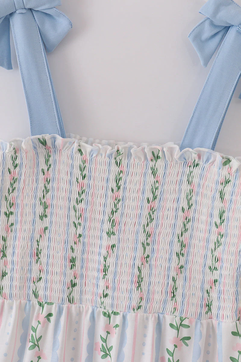 Blue floral print smocked women dress - Image 2