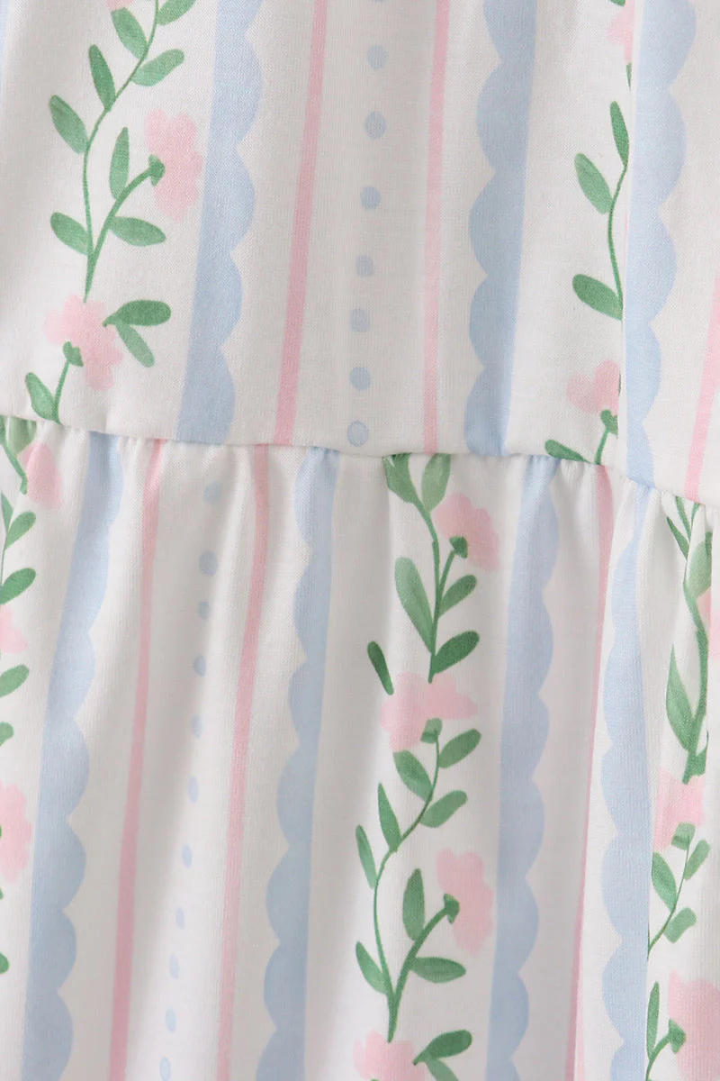 Blue floral print smocked women dress - Image 3