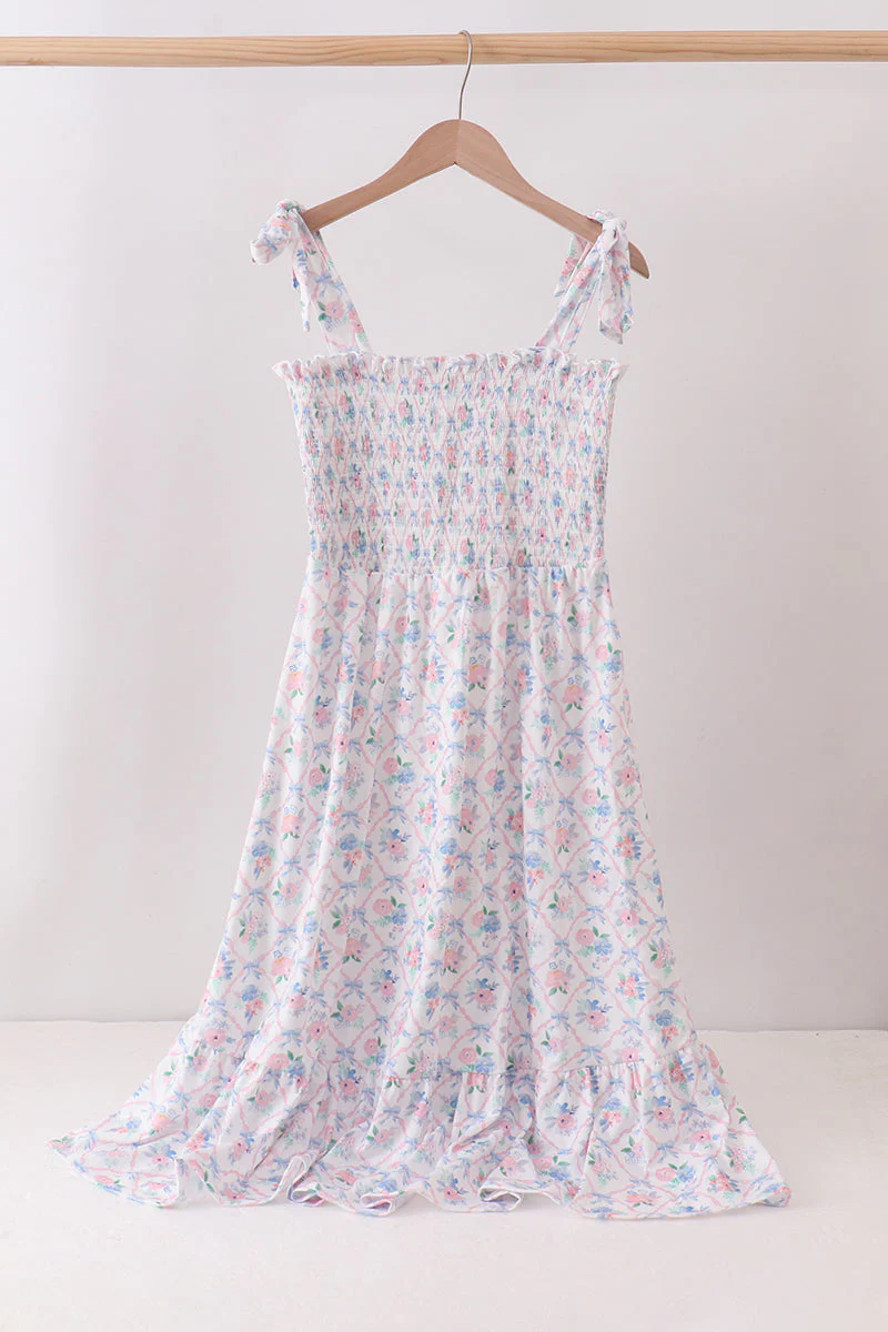 Blue Floral Smocked Mom Dress