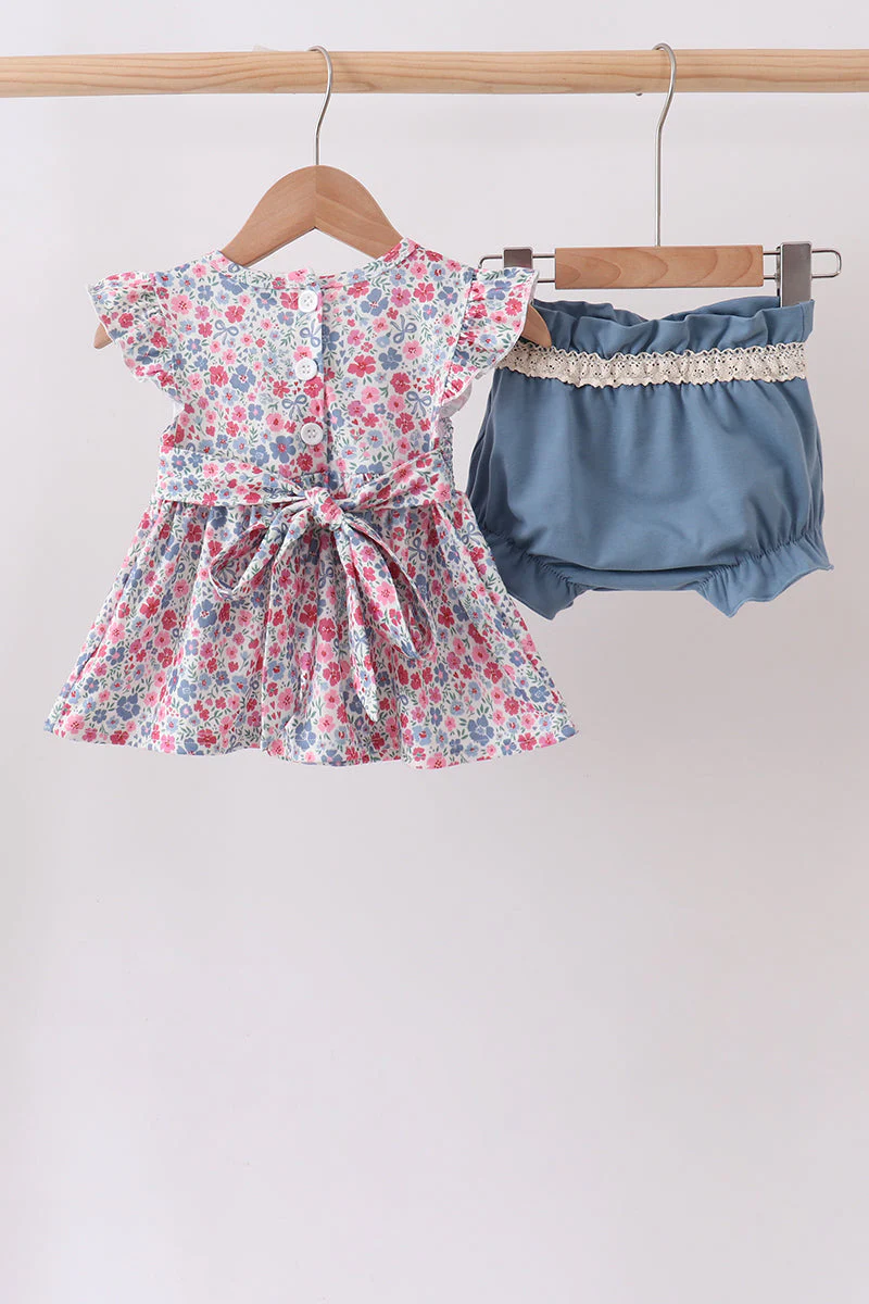 Blue Floral Smocked Ruffle Bloomer Set - Image 4