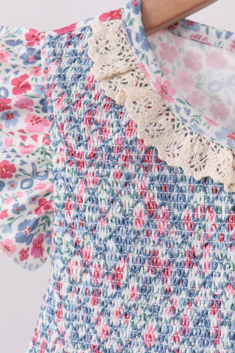 Blue Floral Smocked Ruffle Bloomer Set - Image 5