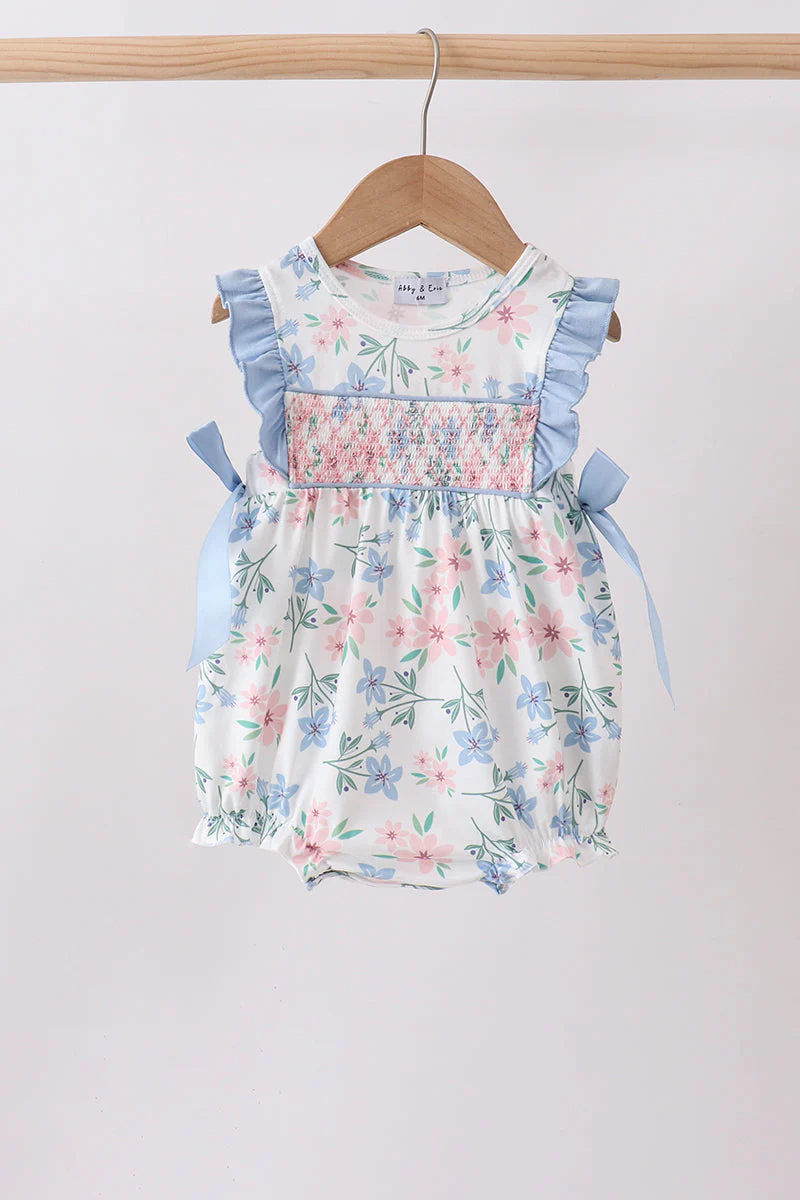 Blue Floral Smocked Ruffle Bubble