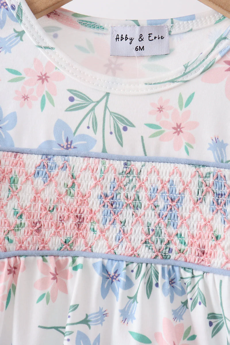 Blue Floral Smocked Ruffle Bubble - Image 2