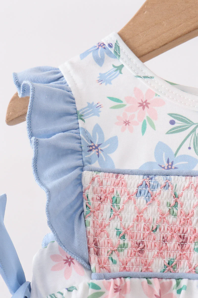 Blue Floral Smocked Ruffle Bubble - Image 5