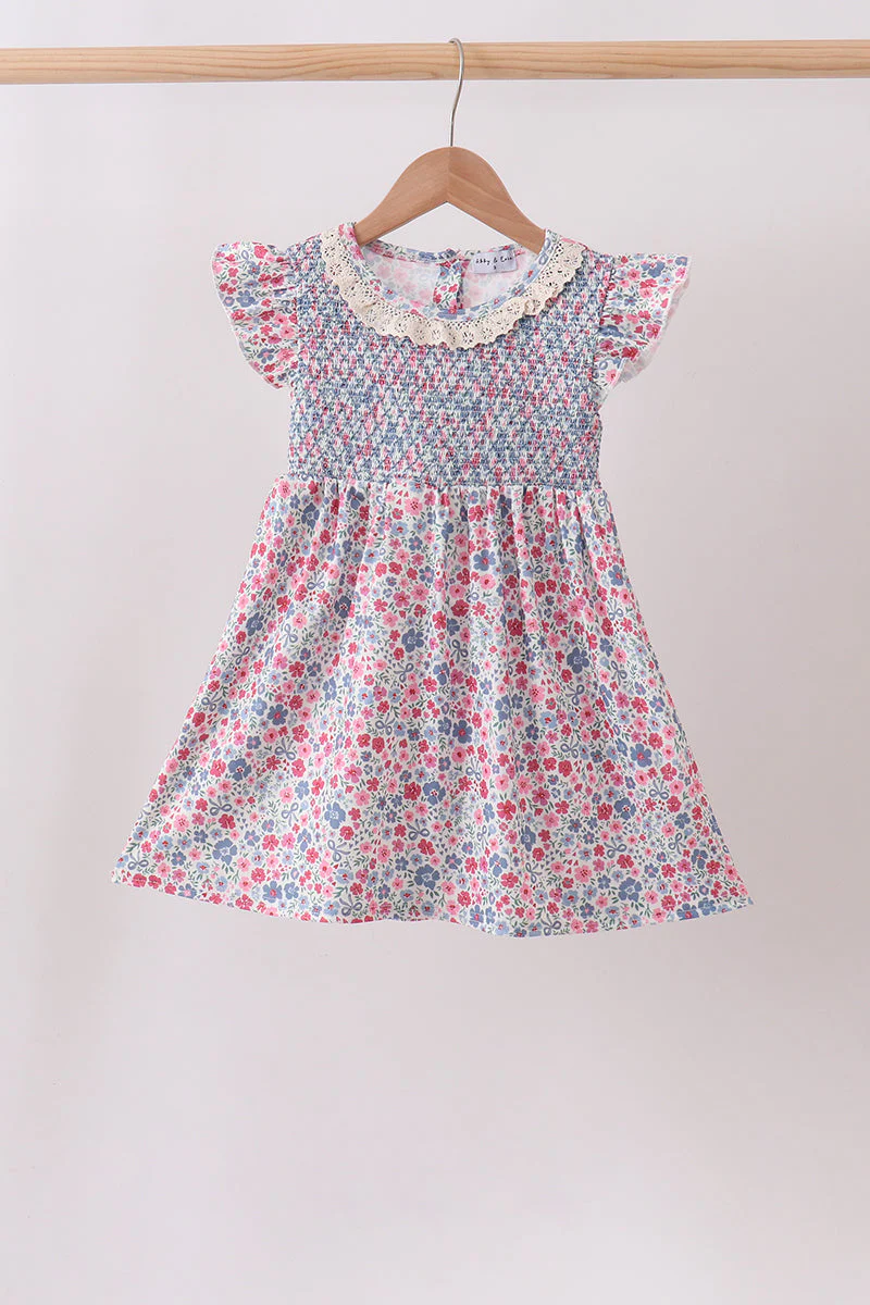 Blue Floral Smocked Ruffle Dress