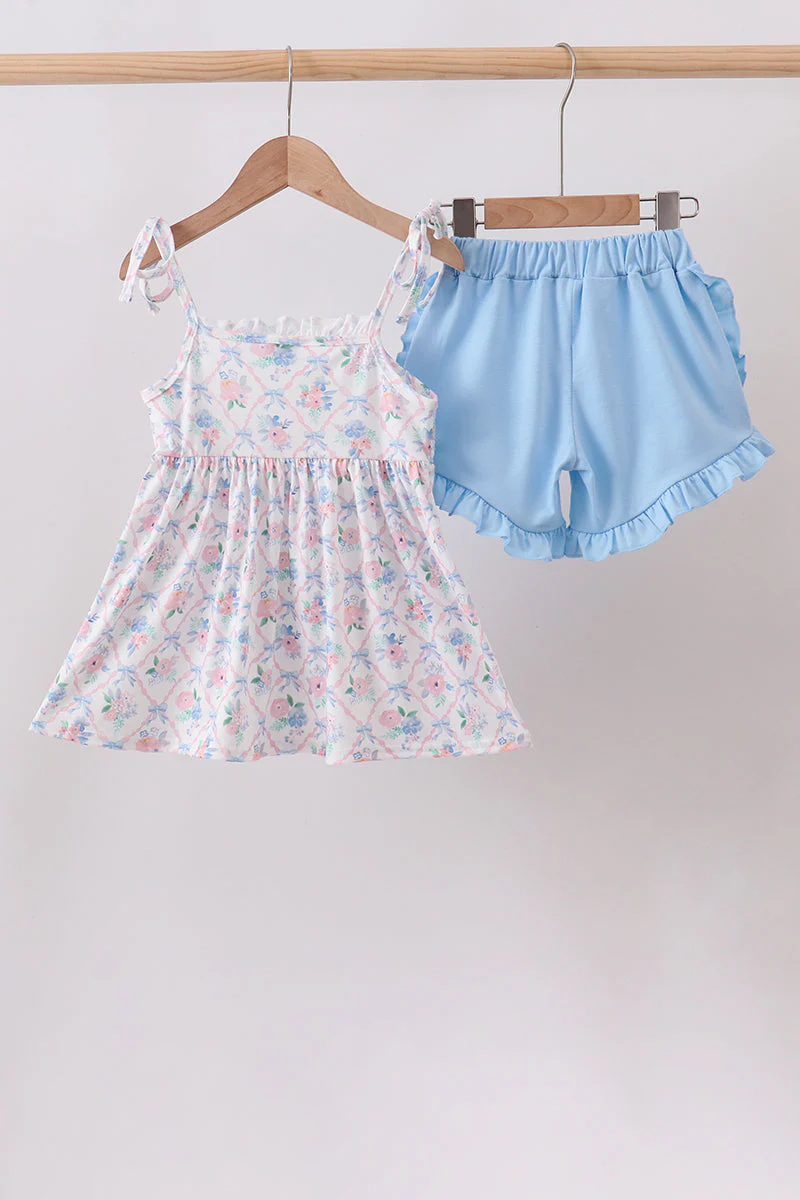 Blue Floral Smocked Ruffle Shorts Set - Image 6