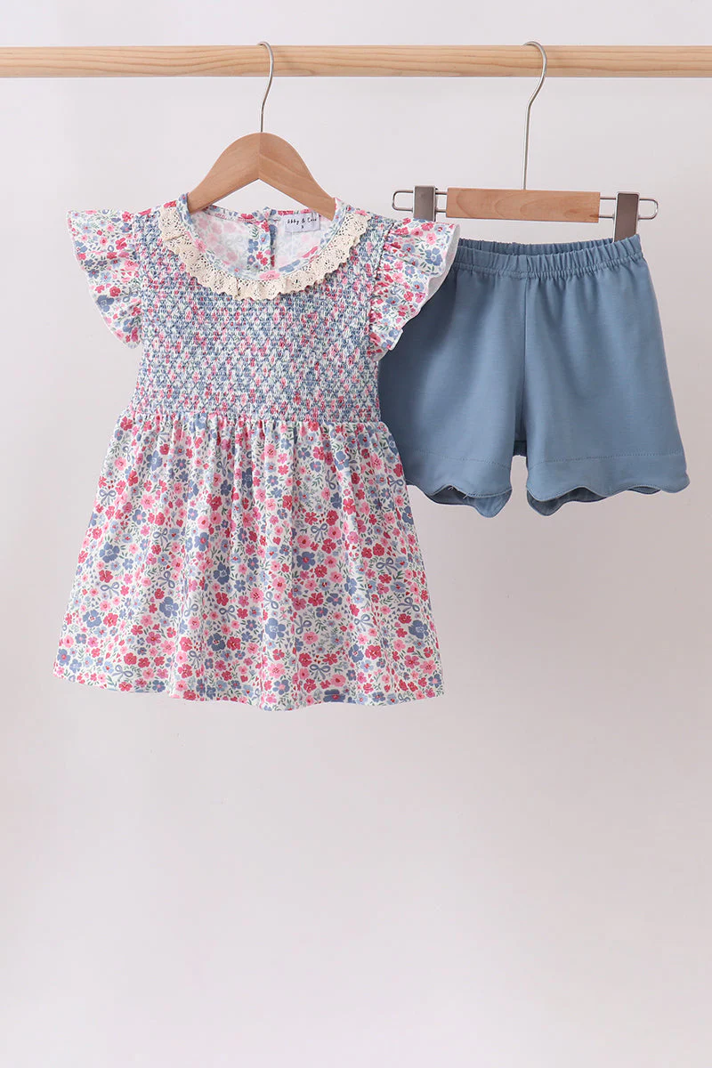 Blue Floral Smocked Scalloped Shorts Set