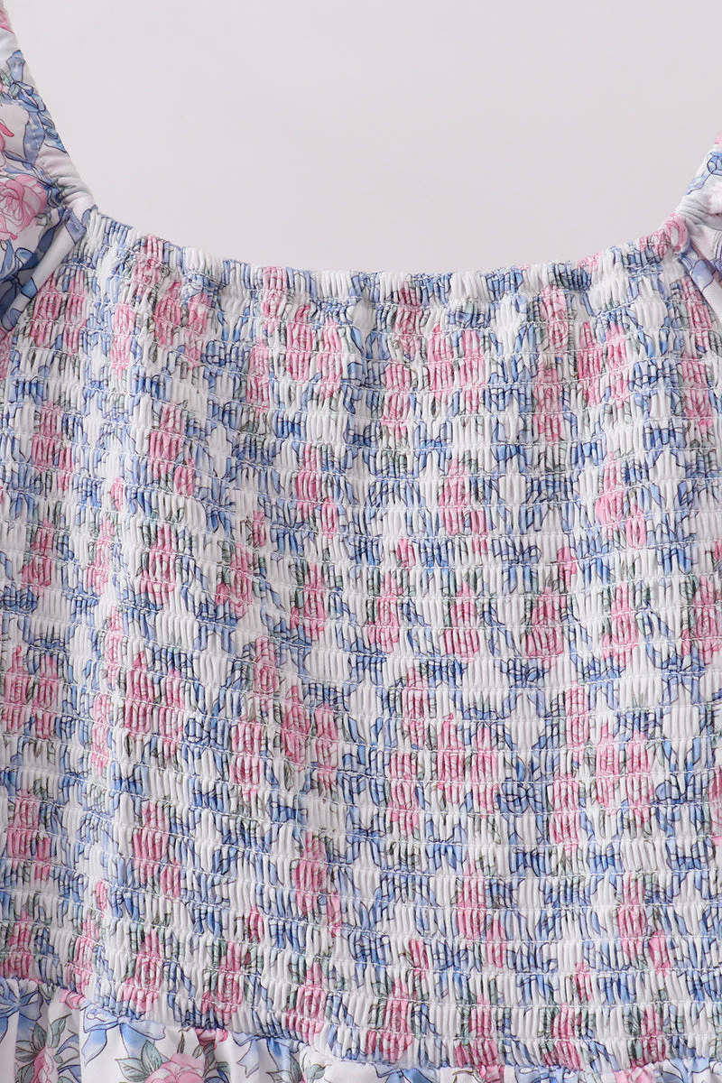 Blue Floral Smocked Women Dress - Image 2