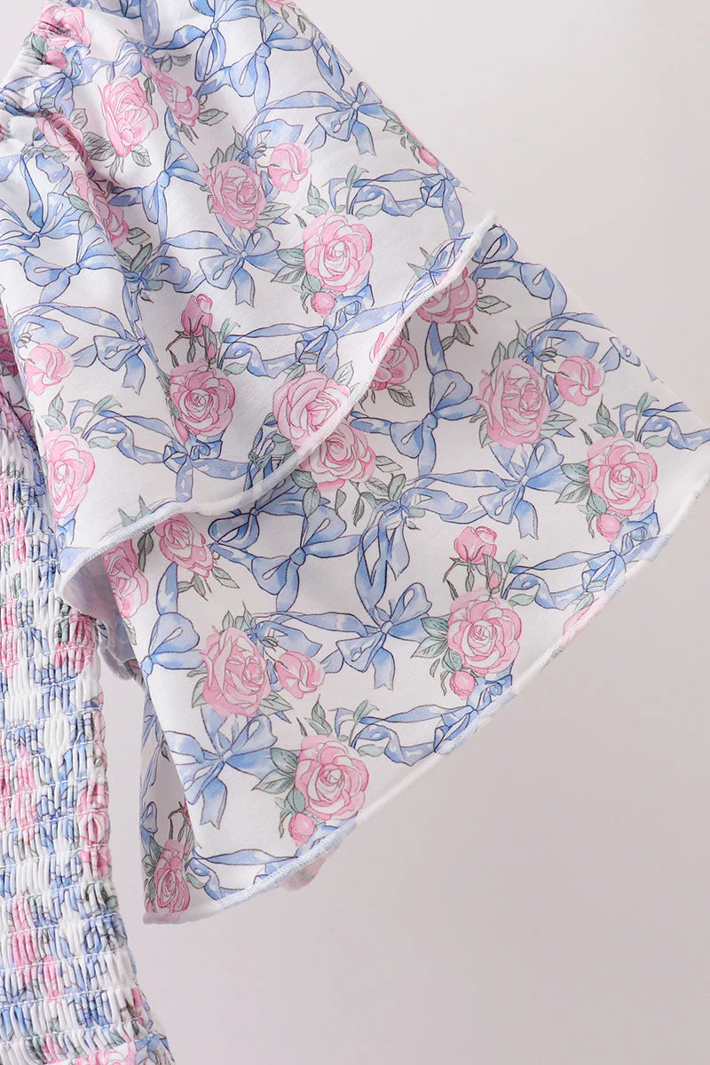 Blue Floral Smocked Women Dress - Image 3