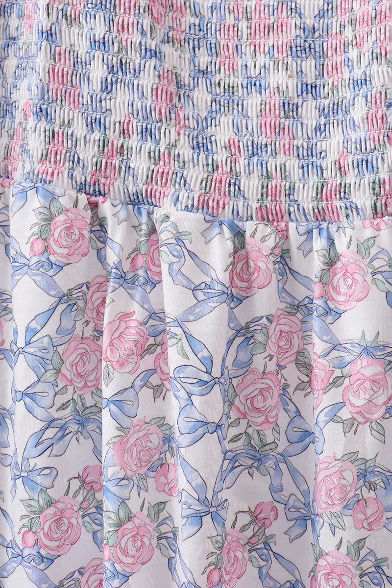 Blue Floral Smocked Women Dress - Image 4