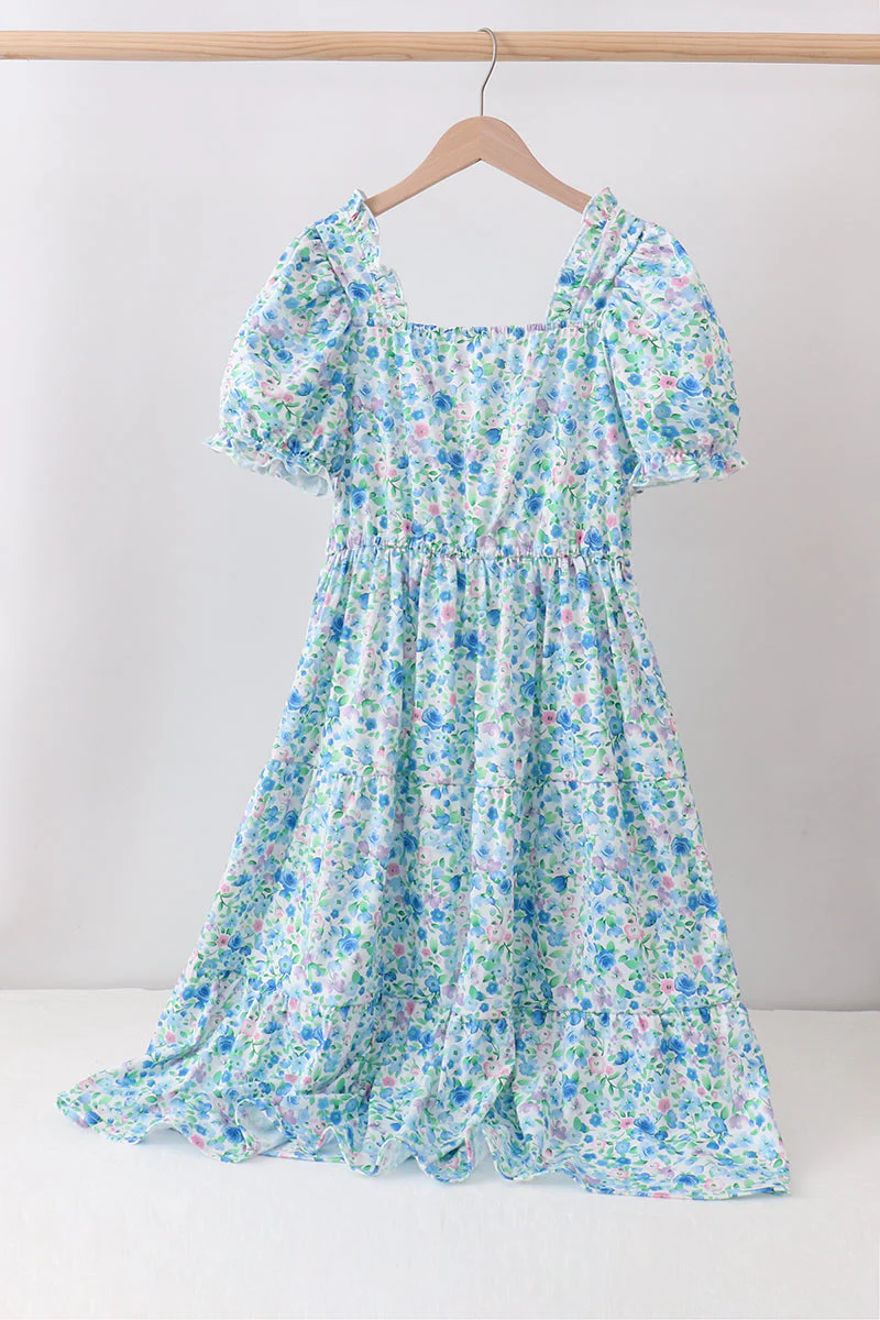 Blue Floral Tiered Women Dress