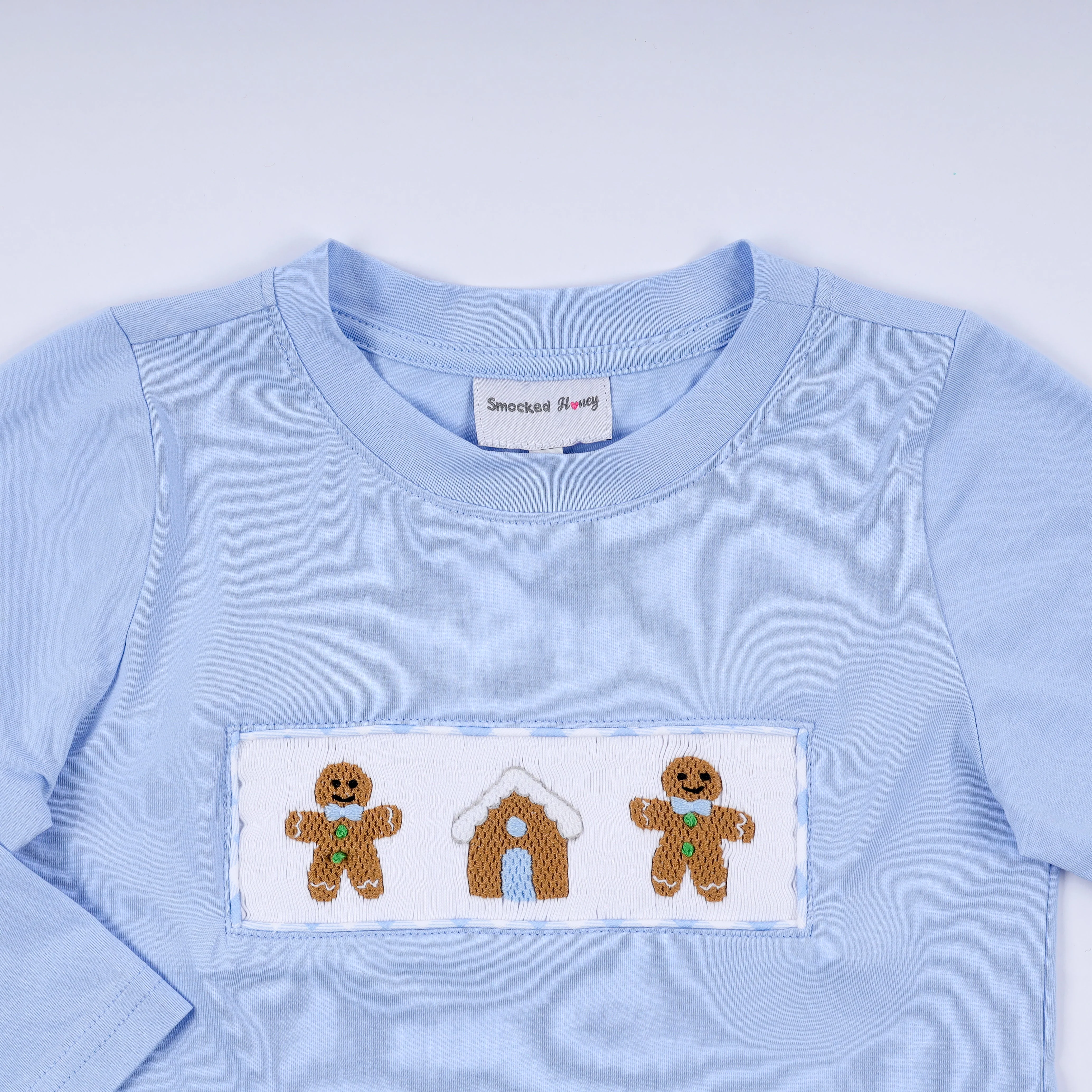 Blue gingerbread hand smocked gingham pants set - Image 2