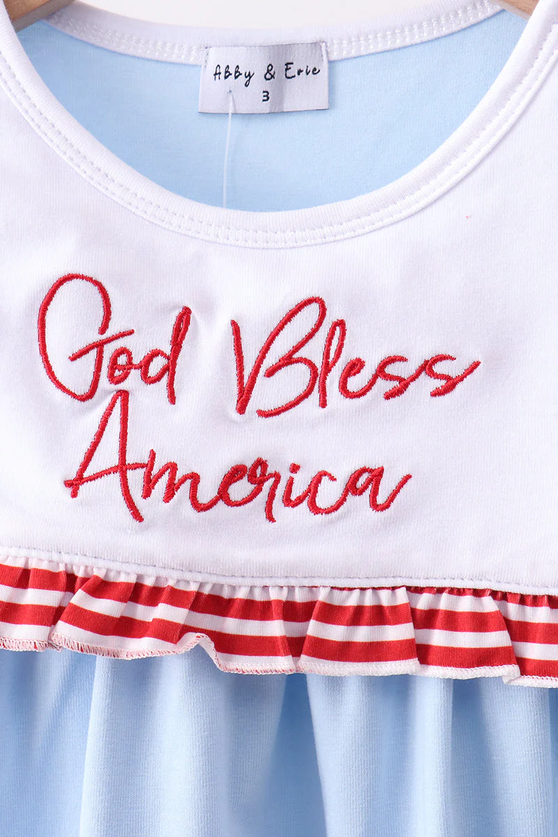 Blue god bless America flag french knot ruffle shorts set - Image 2