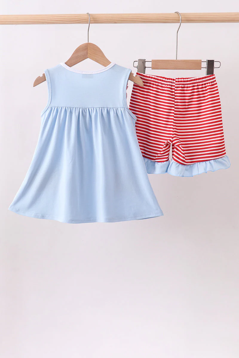 Blue god bless America flag french knot ruffle shorts set - Image 4