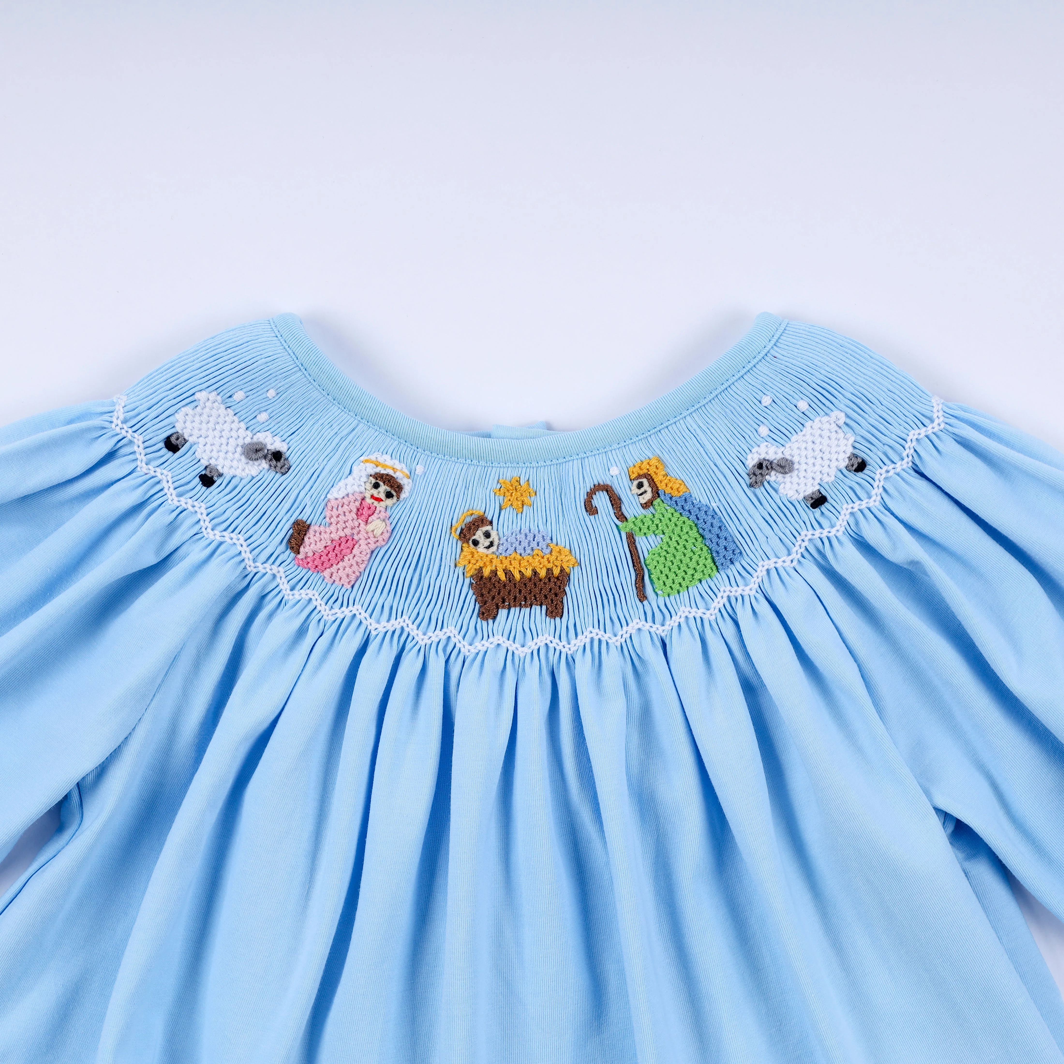 Blue nativity hand smocked bloomer set - Image 2