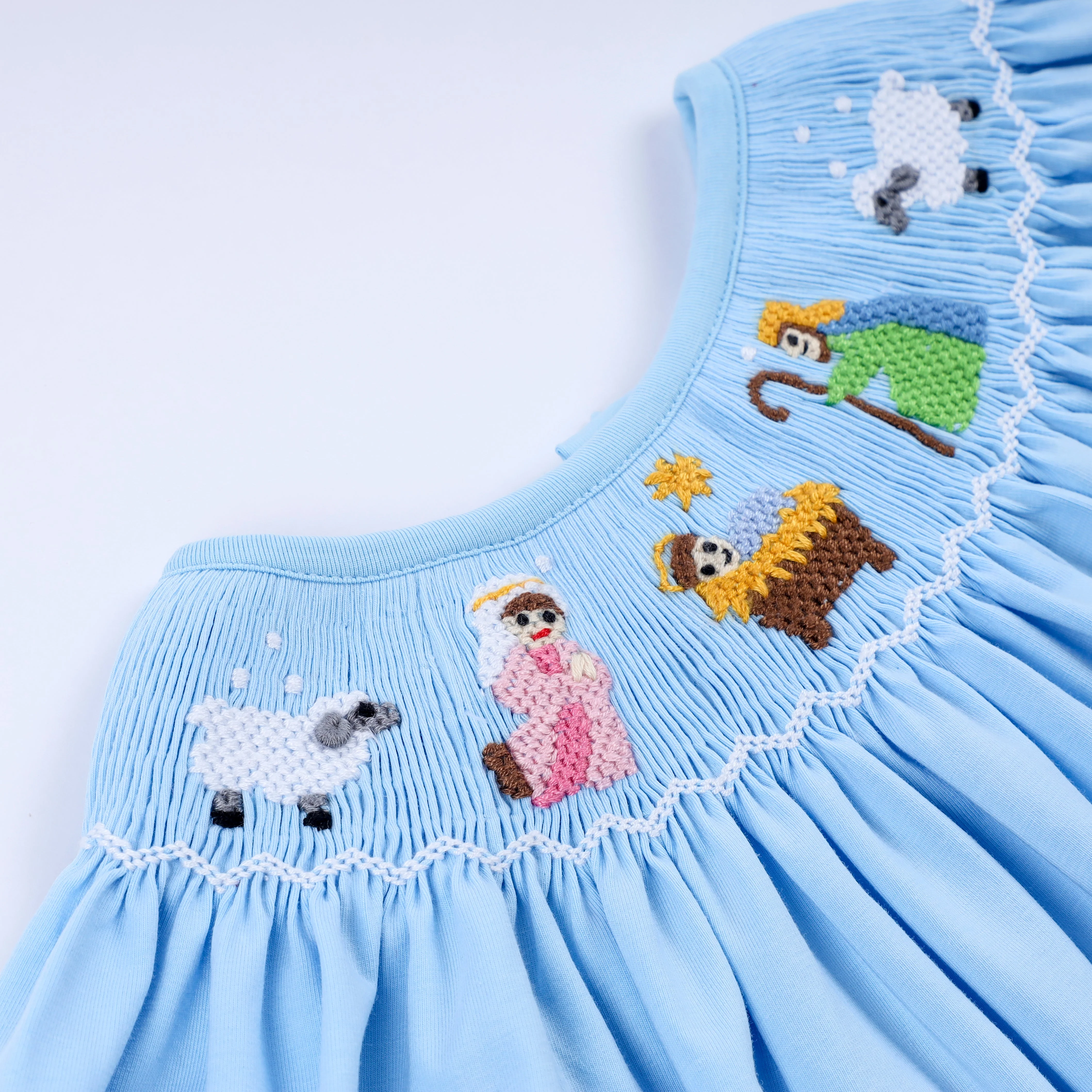 Blue nativity hand smocked bloomer set - Image 3