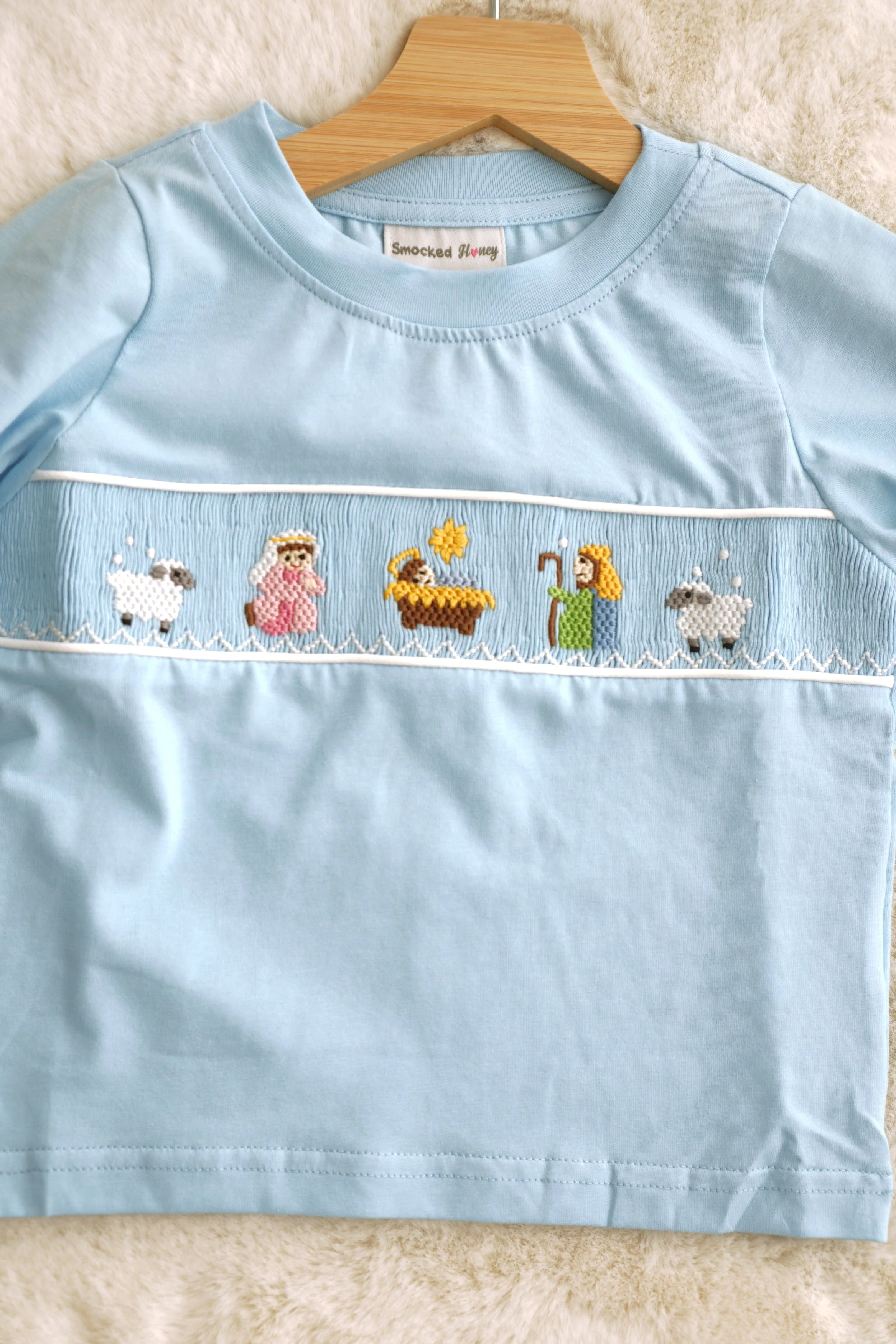 Blue nativity hand smocked pants set - Image 2