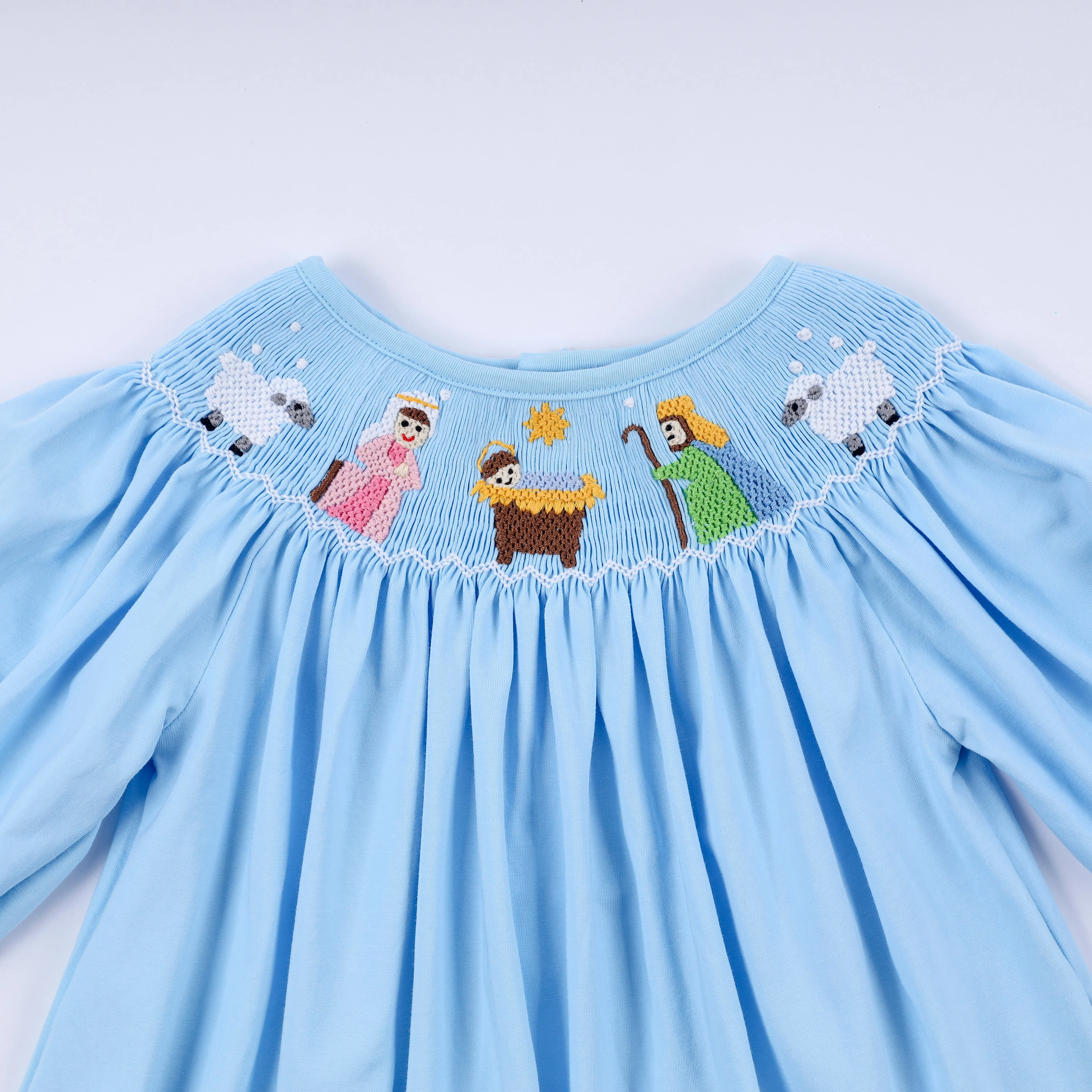 Blue nativity hand smocked ruffle pants set - Image 2