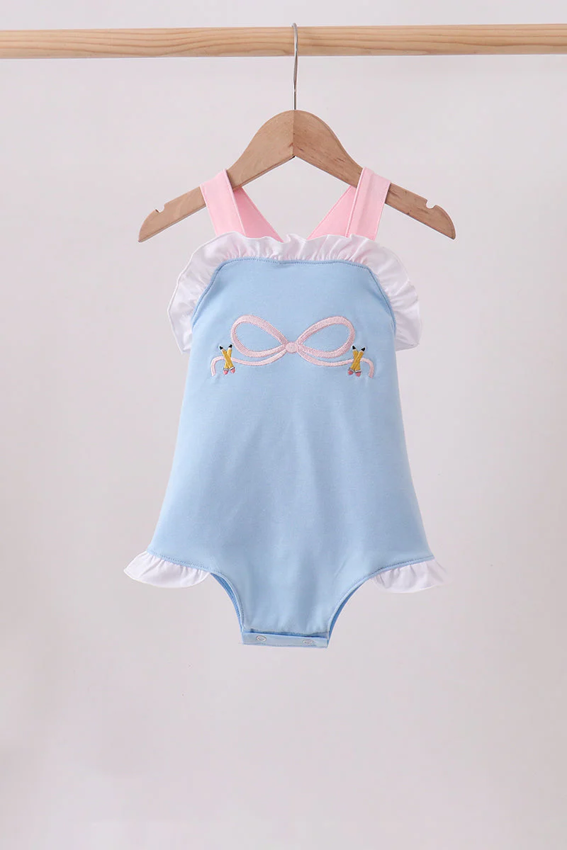 Blue pencil bow embroidery ruffle bubble