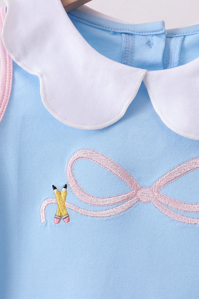 Blue pencil bow embroidery ruffle skorts set - Image 2