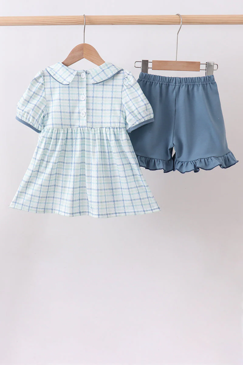 Blue plaid duck smocked ruffle shorts set - Image 5