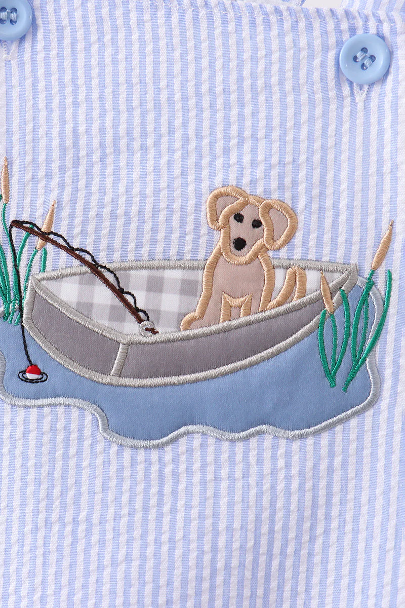 Blue Puppy Applique Seersucker Jon Jon - Image 2